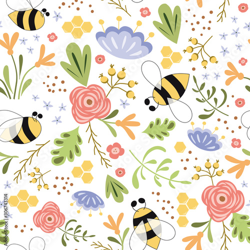 Cute floral summer seamless pattern Bee honey spring flowers Bright meadow colors Summer background Vector