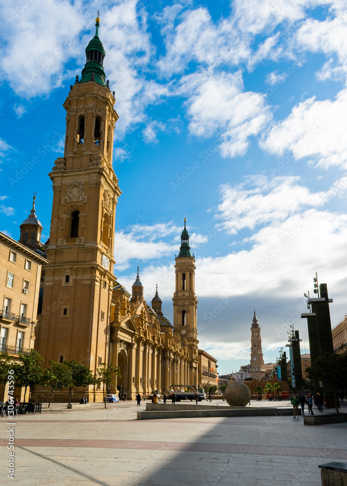 Zaragoza, Spain/Europe; 12/11/2019: Pillar Square (Plaza del PIlar), La Seo Cathedral and the Basilica of Our Lady of the Pillar in the downtown of Zaragoza, Spain
