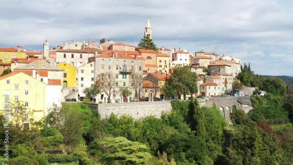Town of Labin in Istria, Croatia, old traditional houses and castle, view from drone Town of Labin in Istria, Croatia, old traditional houses and castle, view from drone