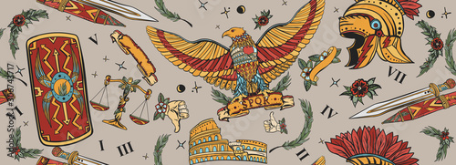 Roman eagle, spartan helmet, sword, shield and Colosseum. Ancient Rome seamless pattern. History of Italy. Traditional tattooing background. Old school tattoo style