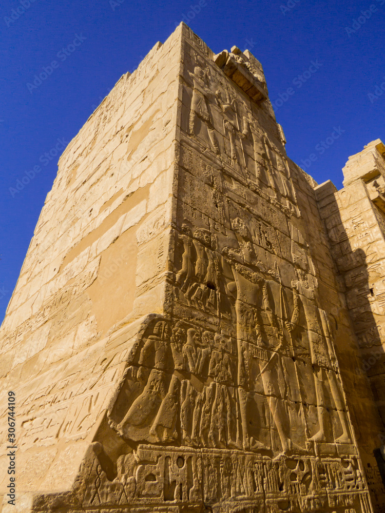 Decorations on the Medinet Habu Temple in Luxor, Egypt