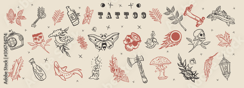 Tattoo elements set. Big collection. Old school flash tattooing style
