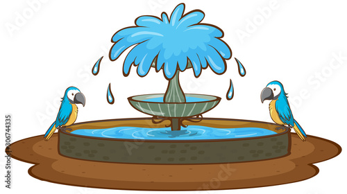 Parrots and fountain on white background