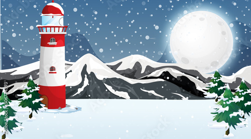 Scene with lighthouse in the snow