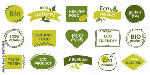 Eco logo. Organic healthy food labels and vegan products badge, nature farmed food tags. Vector design elements image gluten free and bio stickers or green tag natures quality photo