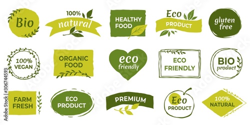 Eco logo. Organic healthy food labels and vegan products badge, nature farmed food tags. Vector design elements image gluten free and bio stickers or green tag natures quality