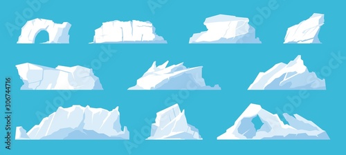 Icebergs. Arctic and North Pole landscape elements, melting ice mountains and glaciers, snow caps and freeze ocean. Vector set illustration ice mountain in travelling on Antarctica