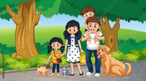 Scene with family and pet in the park