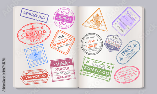 Passport stamps. Travel and immigration marks collection, arrival and departure airport stamps. Vector countries isolated signs in passport, as a concept of security and entry control