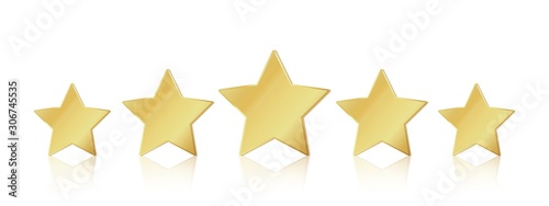 Five gold stars. 5 star rating realistic leadership symbol. Glossy yellow metallic winner champion rating. Vector illustration stars restaurant or hotels satisfaction quality service