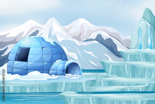 Background scene with igloo on ice