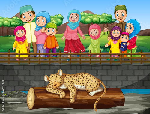 Scene with many people visiting the zoo