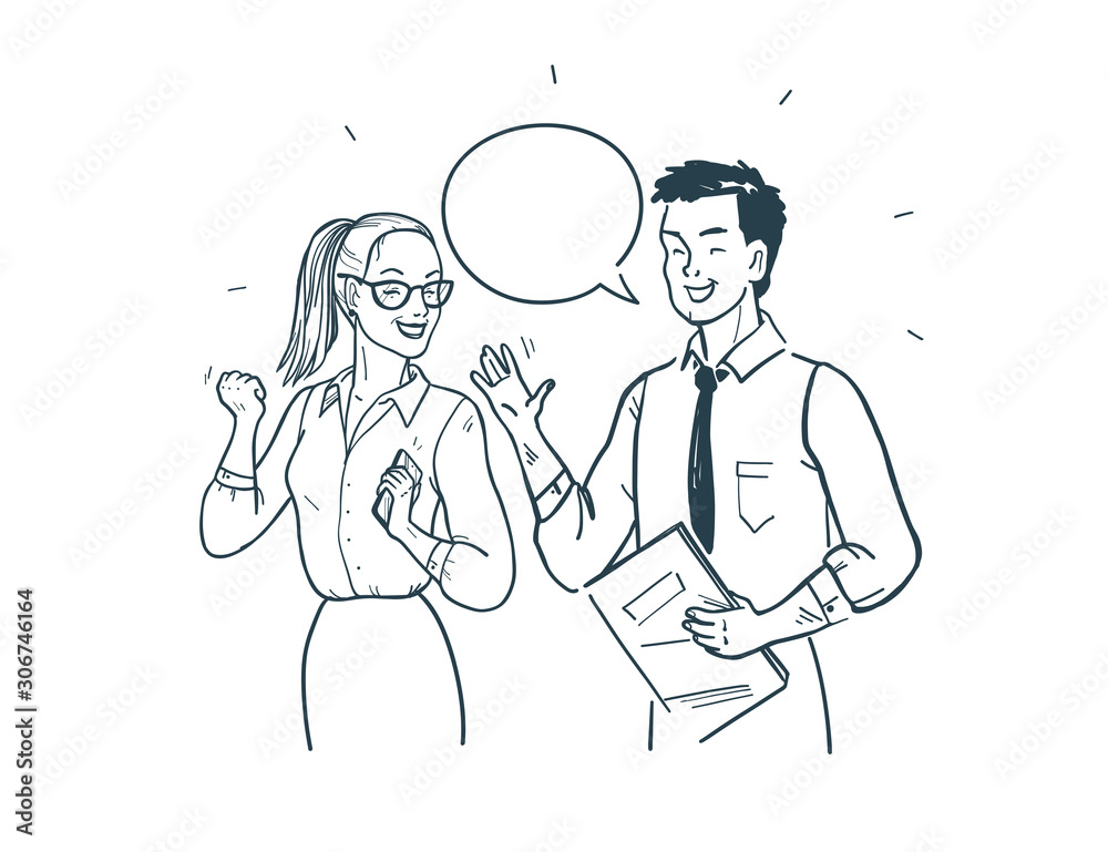 Business people making a deal concept. Office people celebrate successful partnership. Man and woman isolated on white background. Hand drawn outline style, vector illustration. Business people making a deal concept. Office people celebrate successful partnership. Man and woman isolated on white background. Hand drawn outline style, vector illustration.