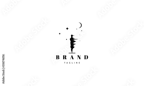Vector logo on which an abstract image of a man under a strong wind against the background of the moon and stars.