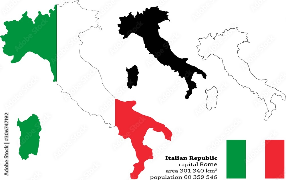 Italian Republic, Italy  vector map, flag, borders, mask , capital, area and population infographic
