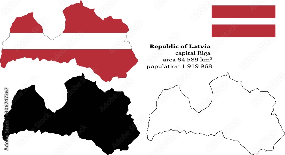 Obraz premium Republic of Latvia vector map, flag, borders, mask , capital, area and population infographic