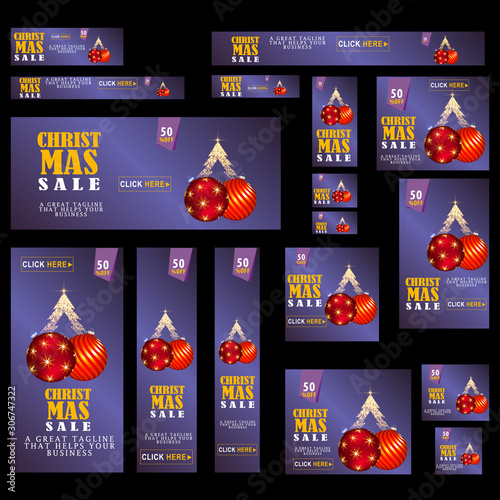 Christmas Sale Web Banners of different sizes. Happy New Year discount and sale offer with gold elements for social media stories, advertisement posts. Elements are layered separately in vector file.
