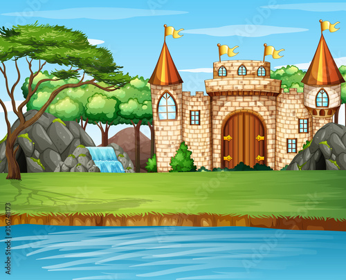 Scene with big castle by the waterfall