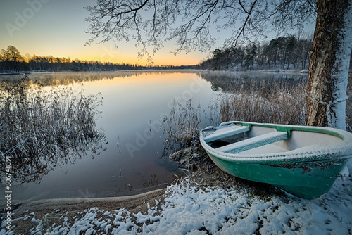 Swedish lake morning in winter scenery photo