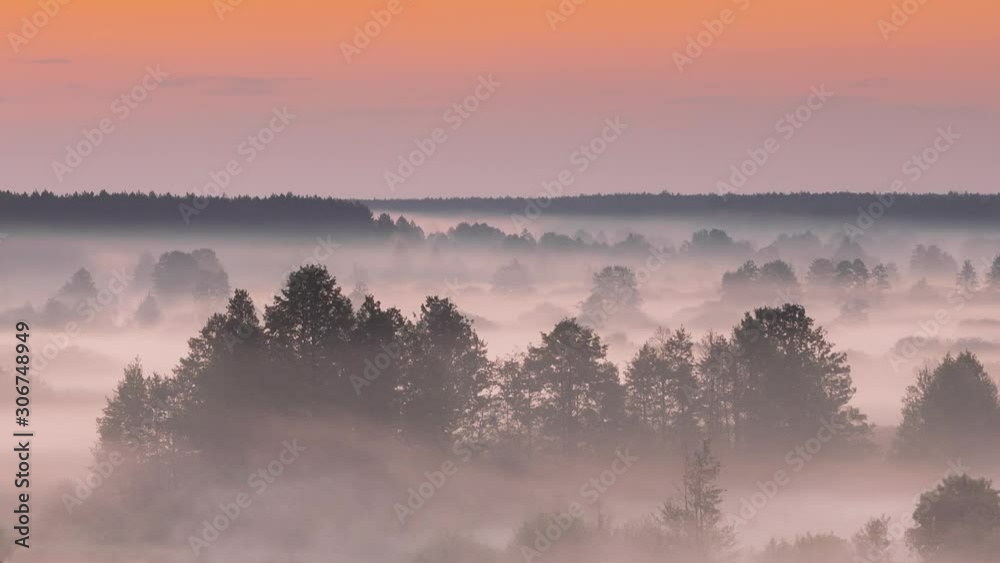 Amazing Sunrise Over Misty Landscape. Scenic View Of Foggy Morning Sky With Rising Sun Above Misty Forest And River. Early Summer Nature Of Eastern Europe Amazing Sunrise Over Misty Landscape. Scenic View Of Foggy Morning Sky With Rising Sun Above Misty Forest And River. Early Summer Nature Of Eastern Europe