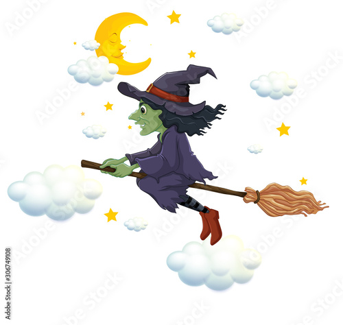 Green witch on flying broom at night