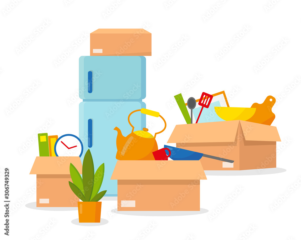 Boxes with dishes and fridge ready to move.