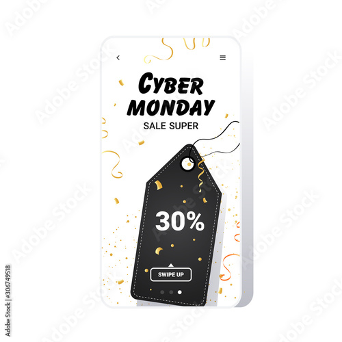 big sale tag cyber monday banner special offer promo marketing holiday shopping concept smartphone screen online mobile app advertising campaign vector illustration