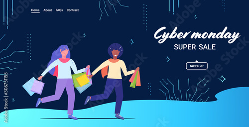 couple running with shopping bags cyber monday big sale concept christmas new year holidays discount mix race man woman shoppers with purchases full length horizontal vector illustration