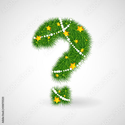 Decorated Christmas and New Year tree question mark. Vector decorative font with fir-tree, stars and garlands. Retro vintage style typeface letter set.