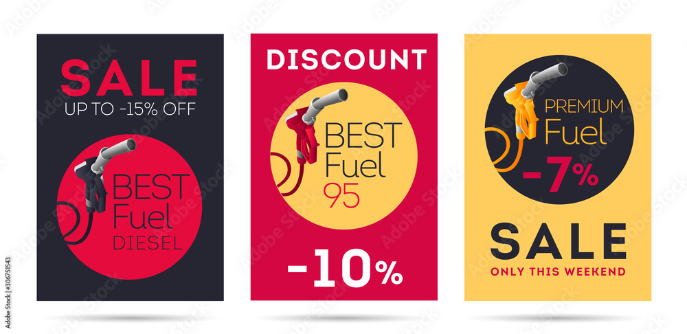 Set of flyers or posters for gas station with sale promo, refuelling gun, fuel nozzel illustration