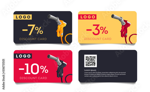 Set of discount cards with fuelling gun nozzel illustration and per cent number, template layout for transport or gas station promo