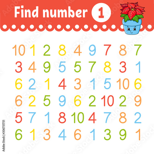 Find number. Education developing worksheet. Activity page with pictures. Game for children. Isolated vector illustration. Funny character. Cartoon style.