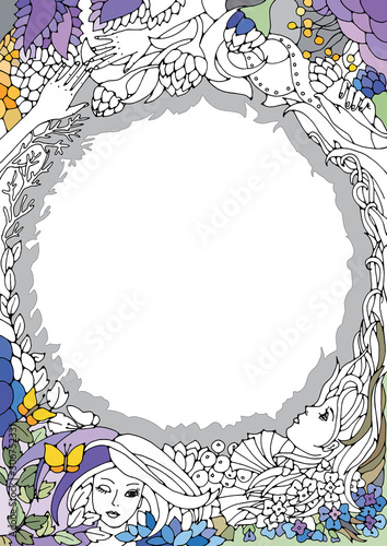Floral decorative element with round space for text. Surreal female faces, leaves, waves, branches and flowers. Vector illustration for coloring pages or other.