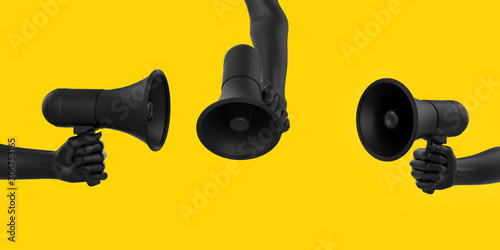 Black hand holding Megaphone on yellow background in different poses. Isolated loudspeaker announcement and Sale creative banner concept. 3d rendering.