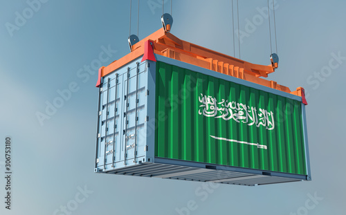 Freight container with Saudi Arabia national Flag design hanging on a spreader - 3D Rendering