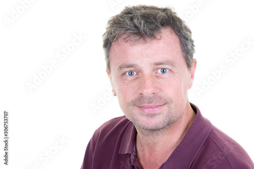 Close up portrait of smiling handsome man in shirt isolated on white background
