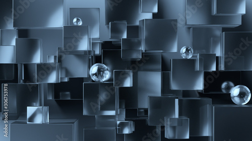 Fototapeta Naklejka Na Ścianę i Meble -  Abstract geometric background. Overlapping metallic and glass 3d cubes and spheres. 3d rendering cubic minimal composition for corporate design template.