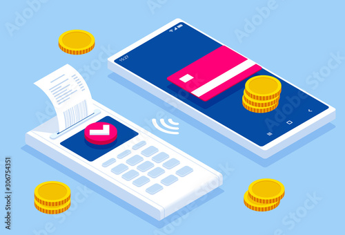 Isometric shopping online and payment online concepts. Internet payments, protection money transfer, online bank illustration