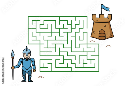 Maze game with cartoon knight and castle. Kids education. Color template design on white background. Line art vector