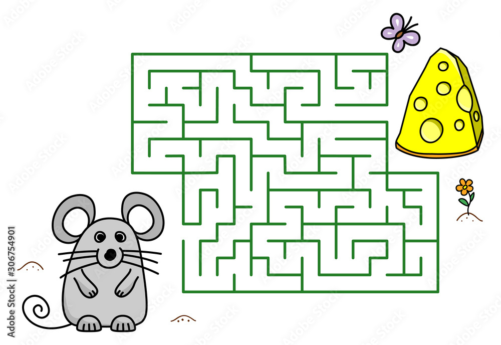 Maze game with cartoon mouse and cheese. Kids education. Color template  design with pet on white background. Line art vector Stock Vector | Adobe  Stock