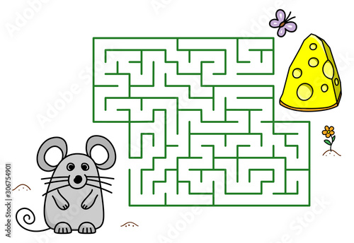 Maze game with cartoon mouse and cheese. Kids education. Color template design with pet on white background. Line art vector
