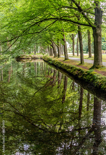 Reflections of trees in pond of Ter Horst castle in The Netherlands