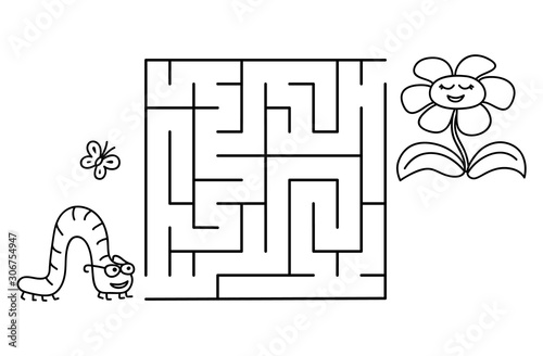 Black coloring pages with maze. Cartoon caterpillar and flower. Kids education art game. Template design with pet on white background. Outline vector