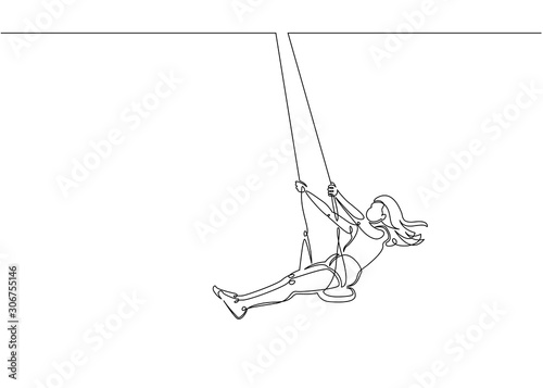 Continuous line drawing. Girl swinging on swing. Vector illustration photo