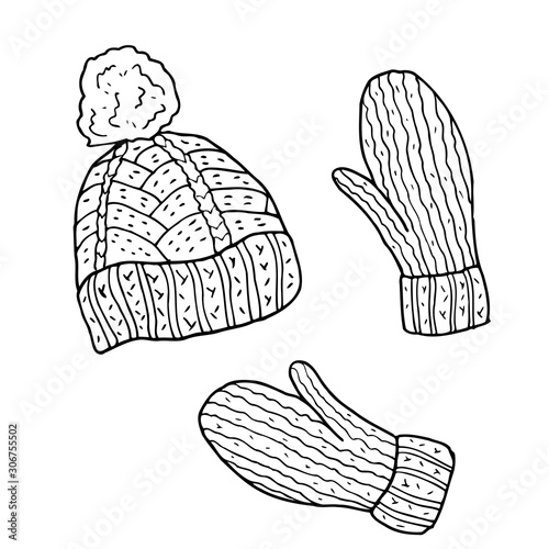 Hat and mittens. Hand drawn vector illustration. Monochrome black and white ink sketch. Line art. Isolated on white background. Coloring page