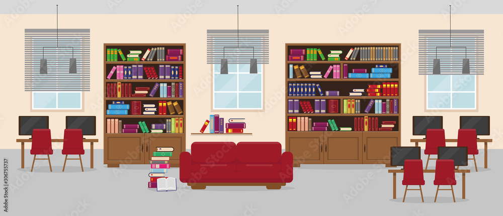 Library detailed interior in flat style. Library detailed interior in flat style.