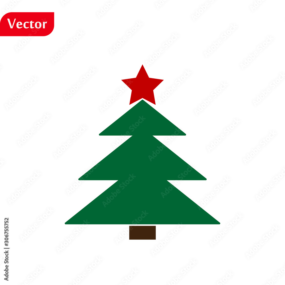 Christmas tree color green icon with red star, vector design.