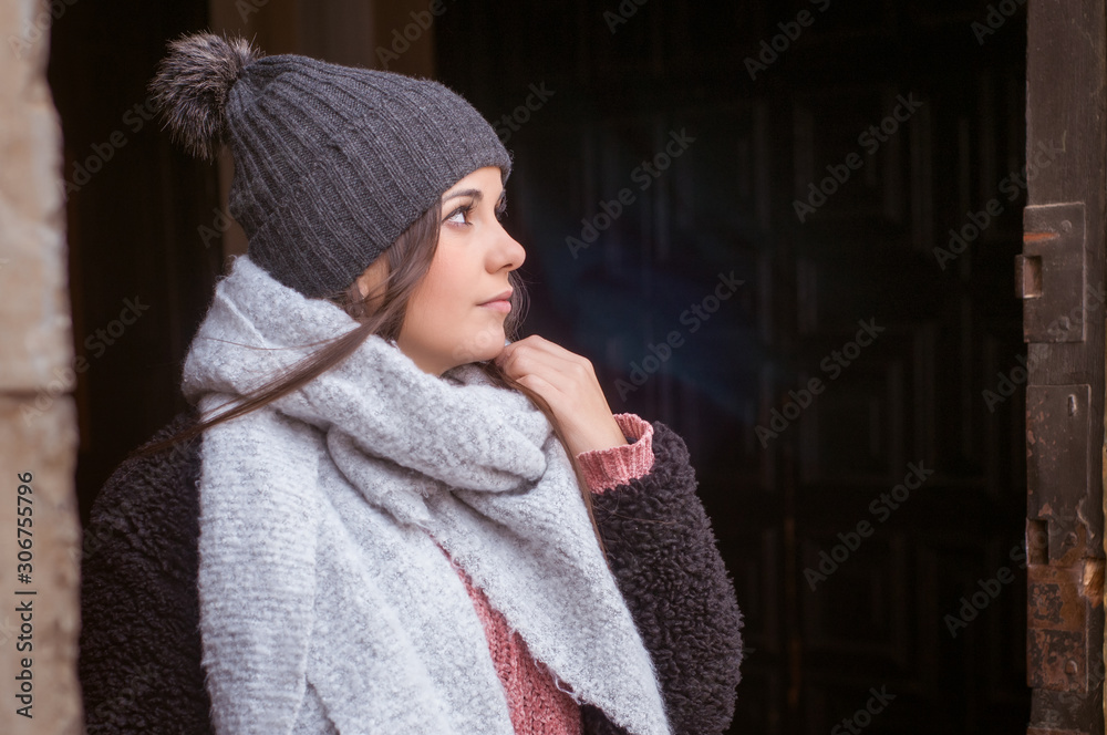 Young woman traveling alone in winter Young woman traveling alone in winter