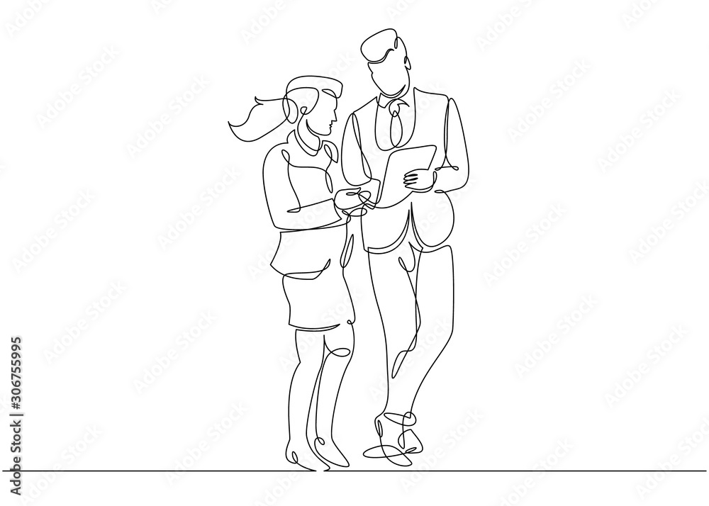continuous line drawing of man and woman discussing work