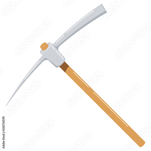 Wooden pickaxe with iron tip flat design icon isolated on white background.